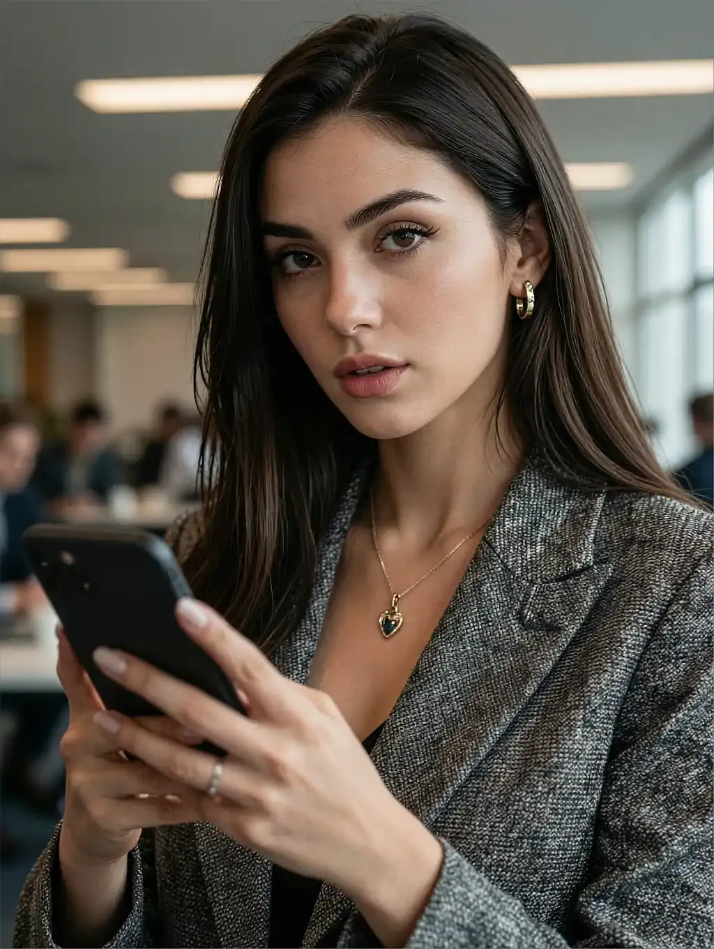 Fictional AI character featured on the second landing page, at a desk